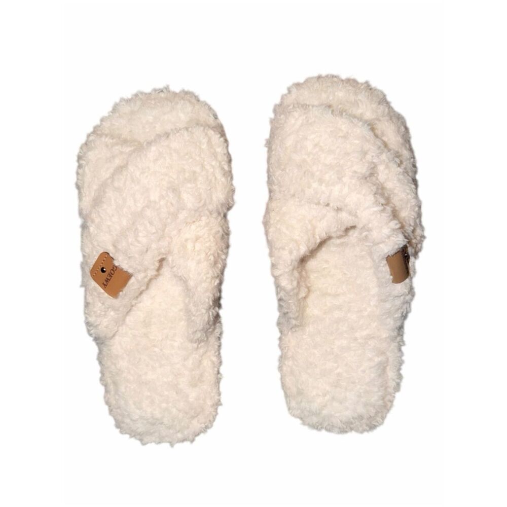 GOEWY Fuzzy Slippers Women Cream Cross Band Open Toe Memory Foam Size 9-10 NWOB